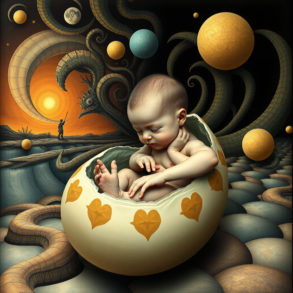 Create a mix picture in "Maxfield Escher" and Salvador Dali style. With a newborn human baby hatching from a reptile egg.