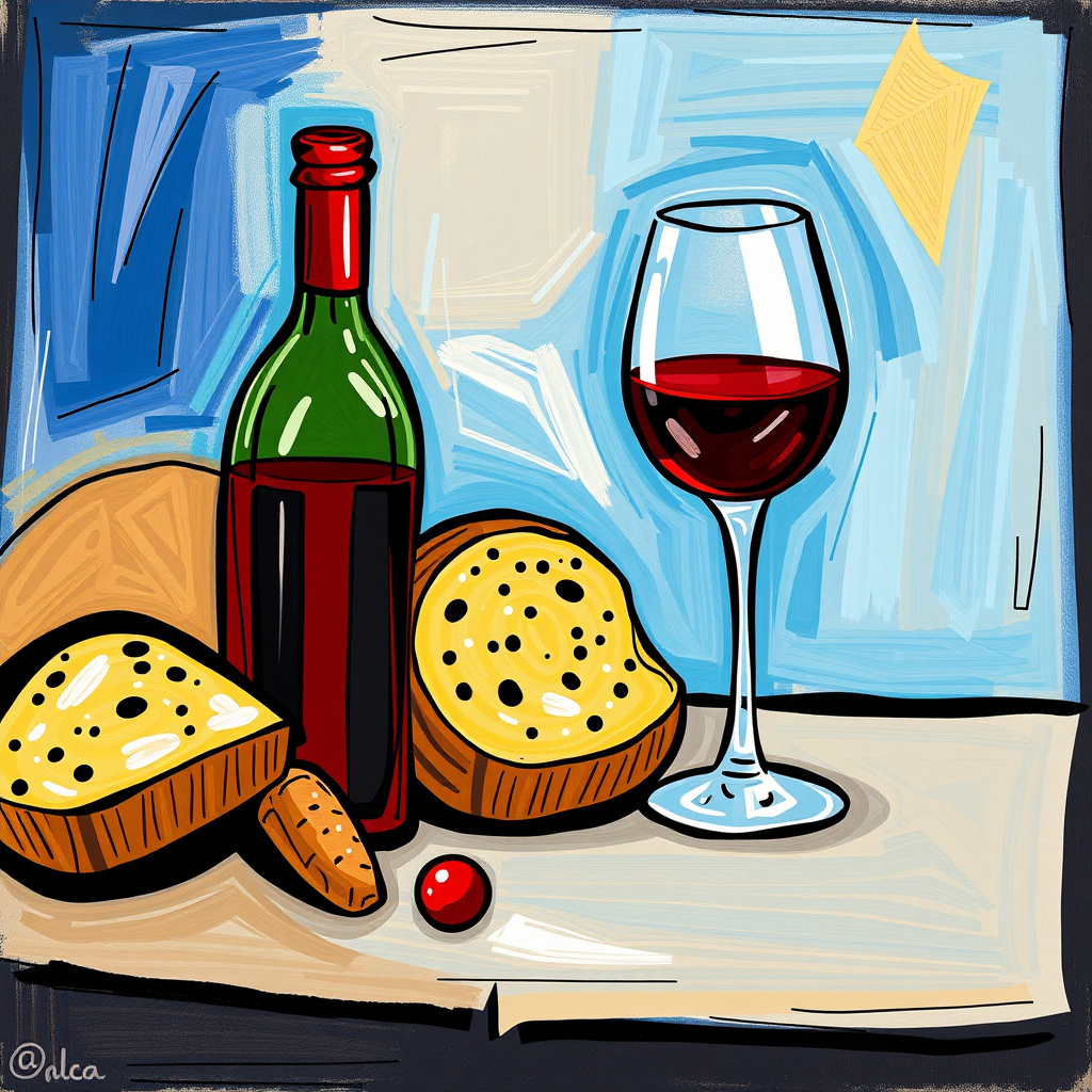 Create a voucher for wine and bread in the way Picasso would have done it.