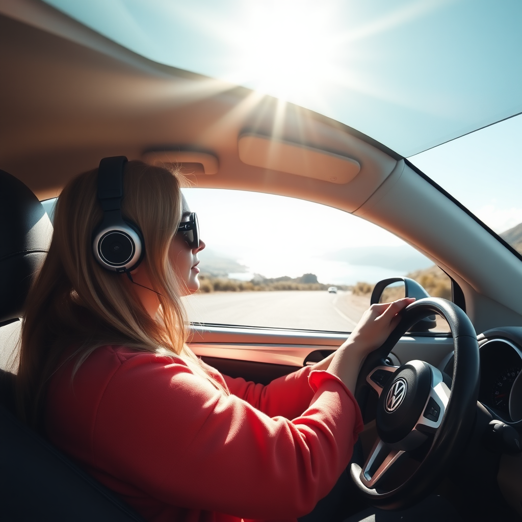 pretty blonde woman driving a vw beetle in the sun on a coast road with camera on her face