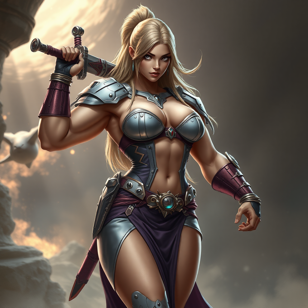 massive huge muscular jacked bodybuilder girl, strapless dress, futuristic warrior princess, sword up