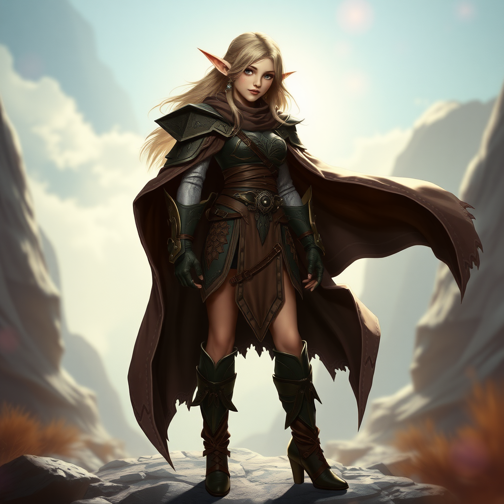 A twenty-something elf girl like (Deedlit from Record of Lodoss War), a character come to life. Wide triangular shoulder pads, flowing cloak, leather armor, skirt, high heel ankle boots. Photorealistic digital matte painting, highly detailed, film grain, lens flare, chromatic aberration.