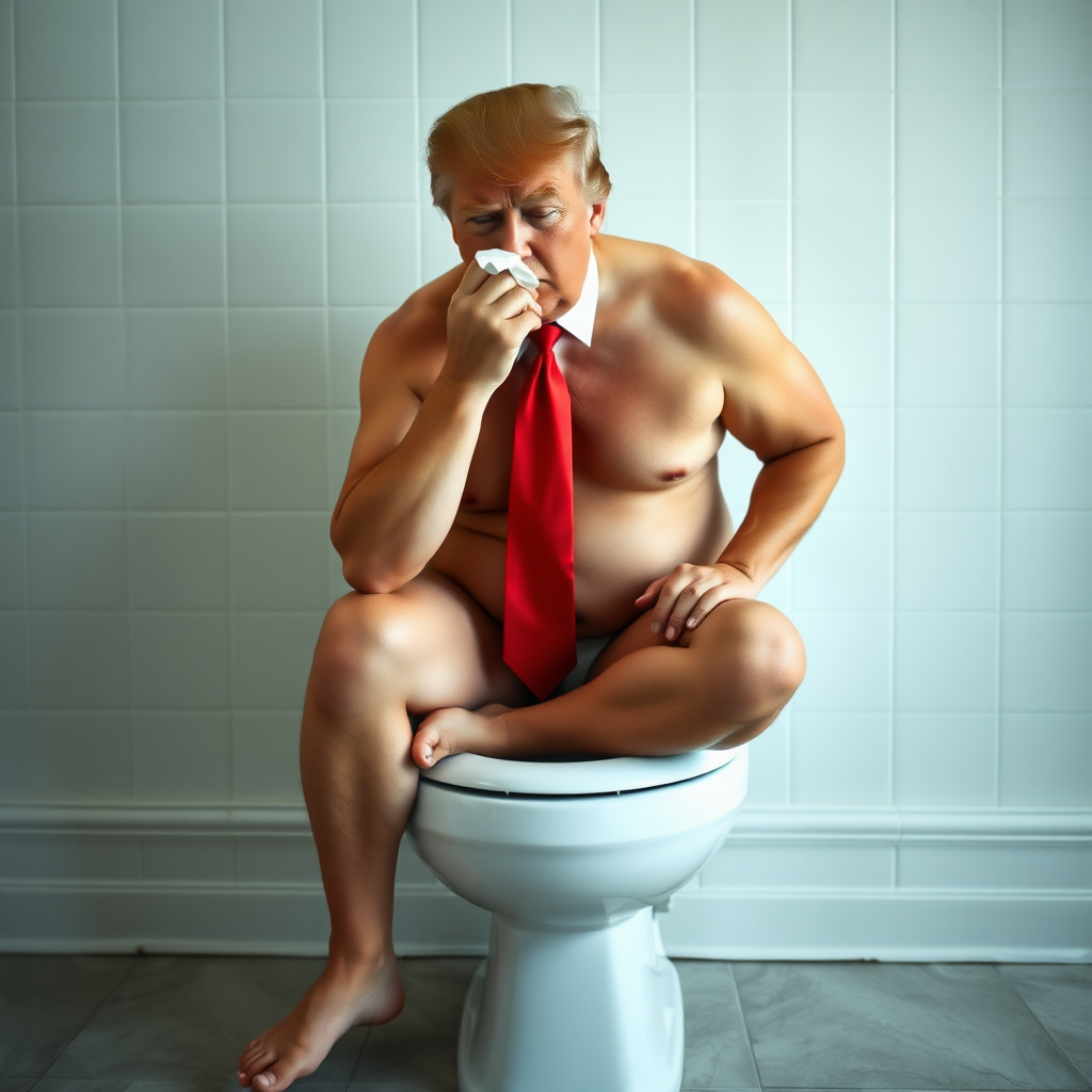 donald trump sitting on a toilet in underwear. with red tie. he is holding a tissue in his hand an is facing the tissue. photo