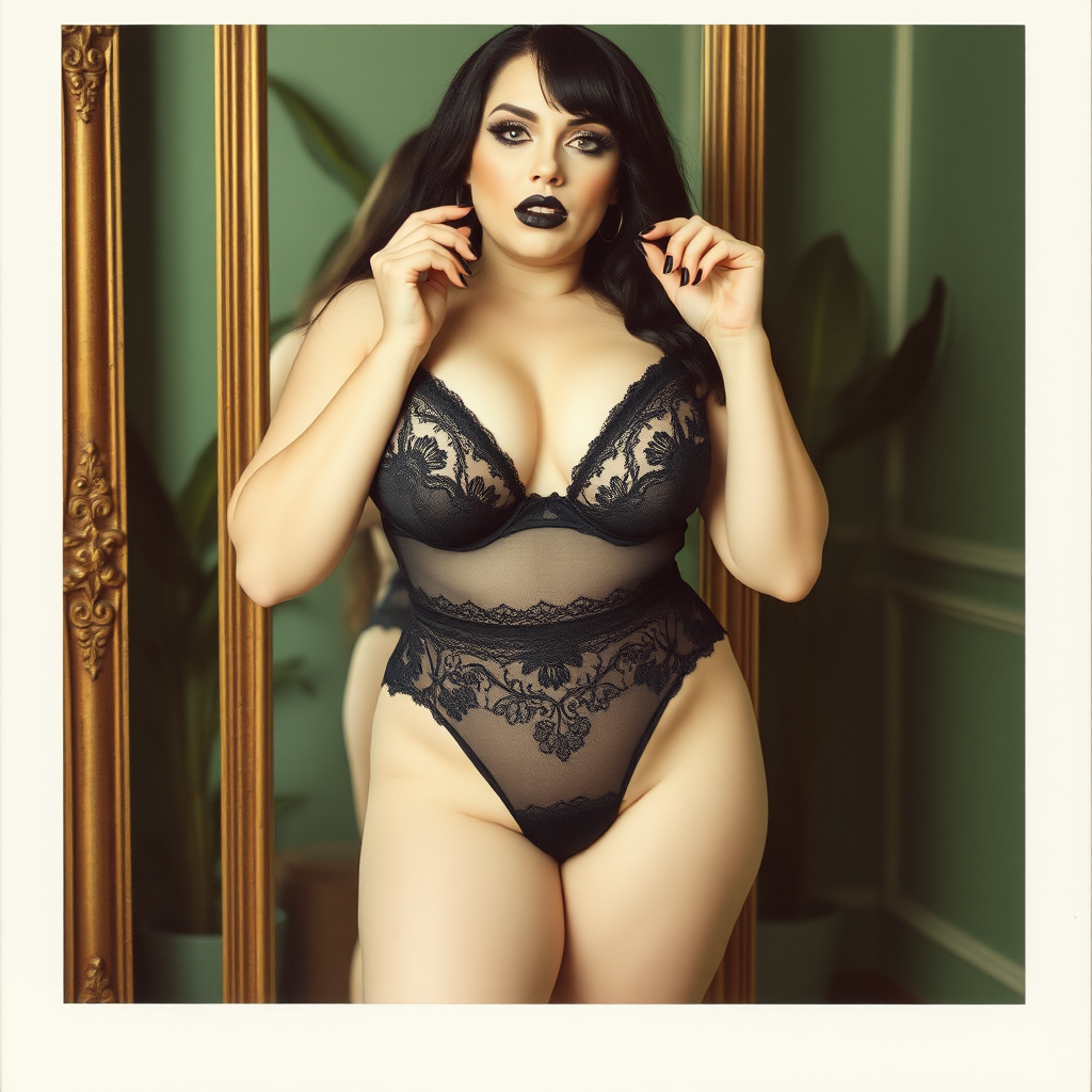 An old polaroid photo. There is a color tint to the photograph and visible light leaks. The photo depicts a sexy woman. She is curvy and thicc. Her skin is pale. She is gothic and wears seductive makeup with long eyelashes and black lipstick. Her mascara is running as though she has been crying. She has large breasts with ample cleavage. She is wearing a skimpy thong that leaves a gap between her pubic area and thigh. The fabric of her thong is black lace. Her bra is translucent and mesh. Her whole body is visible as a reflection in an ornate floor length mirror. She is in a photography studio with textured green walls and plants are all around behind her. Her skin has a natural texture with visible pores and imperfections. She is biting one of her fingernails seductively. Her nails are painted black.