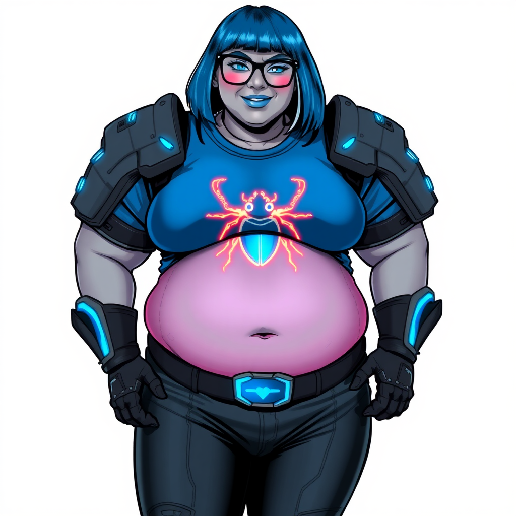 A 28-year-old, full-figured, middle gray skinned computer program hybrid with a maximum blue bob cut. She has a non-athletic build, highlighted by a prominent, round, large midsection (with heavy emphasis on her belly). As a digital sidekick, computer hacker, and nerdy girlfriend to her cyberpunk vigilante boyfriend, her middle gray metallic skin and maximum blue lipstick emphasize her digital nature. She wears a digital, computerized costume consisting of a gargantuan, tight-fitting, maximum blue t-shirt with a neon blue beetle chest icon, hi-tech shoulder pads with neon blue accents, a black belt with a digital neon blue glowing beetle buckle, black biker pants with neon blue glowing accents, and black hi-tech gloves with neon blue glowing accents. Her bright blue eyes, black eyeglasses, and lovestruck smile with neon red blush accentuate her nerdiness. She stands bashfully with her hands behind her back, her costume covering all her skin and emphasizing her full-figured physique (especially her belly). She is clearly non-athletic, with a focus on her full-figured physique. Despite her build, she radiates beauty. She is on a solid white background. She is drawn as if she was in a retro 2D cyberpunk fighting game.