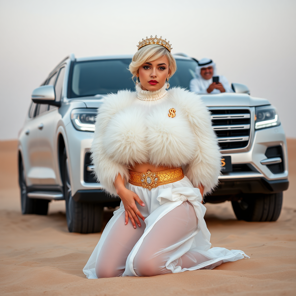 Kuwait desert dunes misty dawn, full size luxury SUV: Melissa, European 17 years old very convincing femboy “trophy-bimbo”, tamed servile docile, very beautiful feminine flawless face, rather short, by hormones very curvaceous womanly figured, platinum blond short tight curls, bold red lips, heavily made-up face, wearing Supertanya-style fluffy very fuzzy bright white angora turtleneck-poncho cropped ending under bust decorated with pearls and gemstones, striking oriental wide gold bridal protection belt, white fully transparent harem pants, full Oriental bridal jewelry with striking headpiece, full Oriental face-jewelry, striking diamond “$$$” letter brooch on left chest, pout frustrated, hands tied behind back, kneeling in sand in front of SUV, looking at camera. Focus on face and turtleneck-poncho. Standing behind leaning against SUV: older overweight mighty sheik laughing taking pictures with mobile phone.