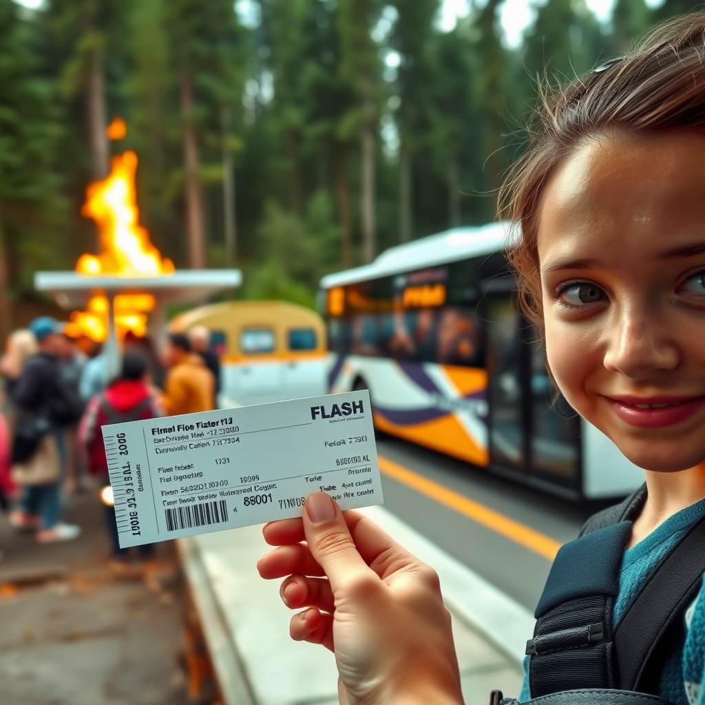 natural selfie of a girl holding up a bus ticket. She stands at a crowded bus stop near a lake in the forest. In the background, a burning bus labelled "FLASH" is speeding to the bus stop.