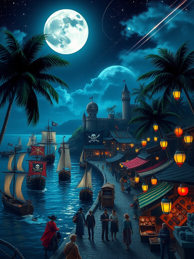 A whimsical moonlit pirate harbor bustles with activity. Ships with colorful flags bob in the water, their lanterns glowing against the night sky. A lively marketplace lines the waterfront, filled with flamboyantly dressed merchants and curious visitors. Wooden stalls offer exotic goods under strings of colorful lanterns. Palm trees frame a large full moon, casting long shadows across cobblestone streets. A grand pirate fortress looms on a nearby hill, its Jolly Roger flag visible in the moonlight. Hidden among the palms, a secret cove reveals a notorious pirate tavern. The scene is bathed in an ethereal, magical quality, with fireflies dancing and the occasional shooting star streaking overhead.