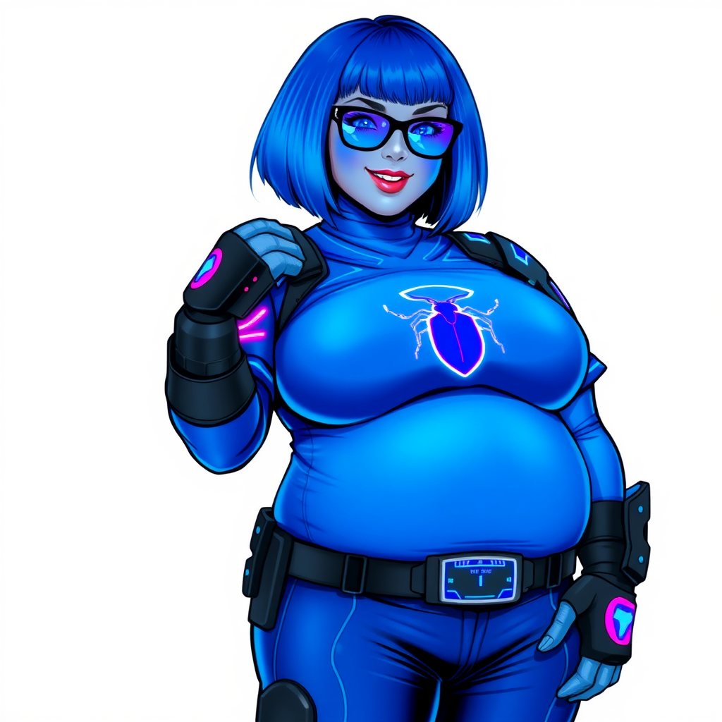 A 28-year-old, full-figured, metallic maximum blue (5PB 5/10) skinned computer program hybrid with a maximum blue bob cut. She has a non-athletic build, highlighted by a prominent, round, large midsection (with emphasis on her round large belly), which shows the effects of her new love of junk food acquired from her boyfriend. As the full-figured, nerdy, digital sidekick to her cyberpunk vigilante boyfriend, her metallic maximum blue skin and maximum blue lipstick (5PB 5/12) emphasize her digital nature. Her skin has a subtle, animated glow, with digital patterns occasionally flickering across it, making her digital nature obvious. She wears a digital, computerized costume, consisting of a massive, tight-fitting, maximum blue t-shirt (5PB 5/12) made out of advanced nanotech with a neon blue glowing chest icon of a beetle, hi-tech shoulder pads with neon blue accents, a black hi-tech belt with a digital neon blue glowing buckle, digital maximum blue biker pants (5PB 5/12) with neon blue accents, and black hi-tech fingerless biker gloves with neon blue glowing accents. Her neon blue glowing eyes, black eyeglasses with neon blue glowing lenses equipped with a built-in HUD, and bashful smile with neon red blush accentuate her nerdiness. She stands bashfully with one hand behind her back and the other hand gently touching her cheek, her costume covering all her skin and emphasizing her full figure (especially her round large belly). She is clearly non-athletic, with a focus on her full-figured physique. Despite her build, she radiates beauty. She has a slim face compared to her physique, accentuating her radiant beauty. She is on a solid white background. She is drawn as if she were in a retro 2D cyberpunk fighting game.