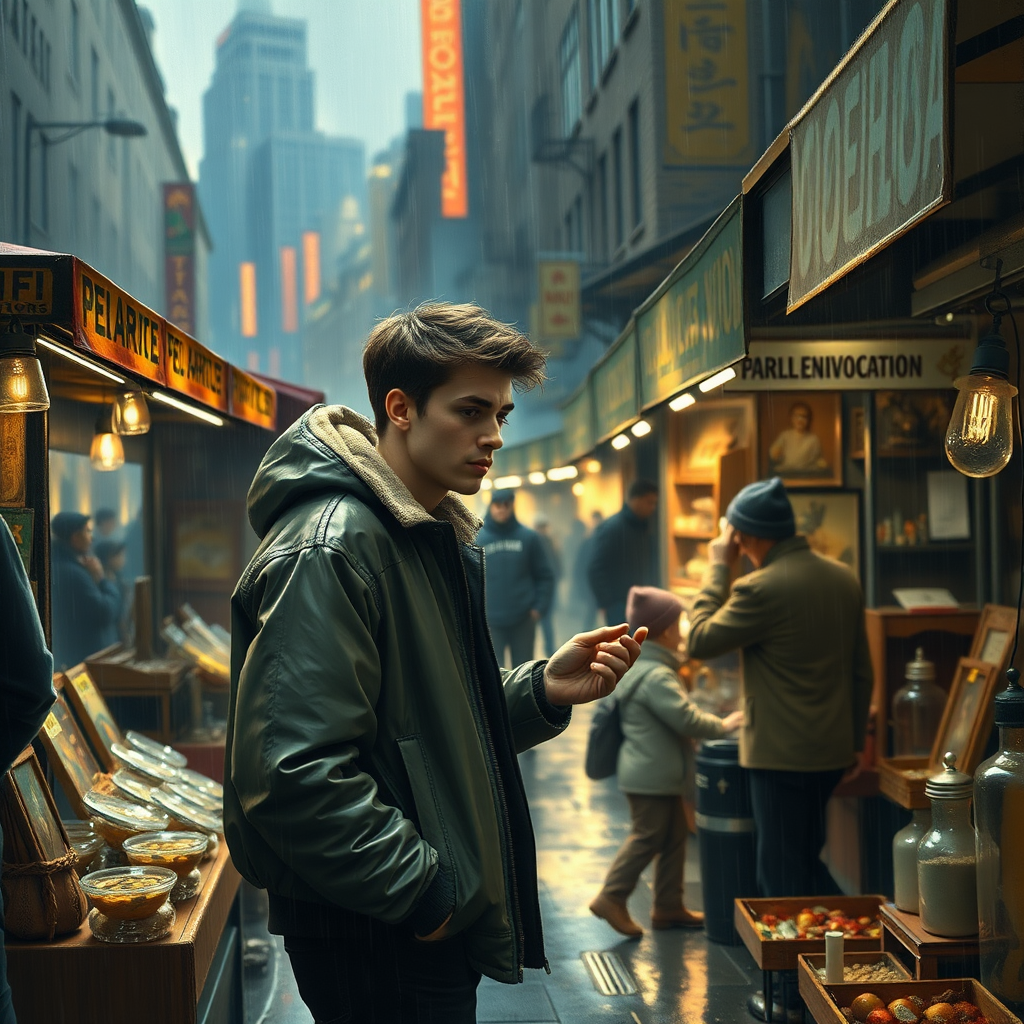 modern rainy street market in 2024 New York with stalls selling food and antiques, a young man in a bomber jacket is buying something from a stall. Dramatic lighting painting