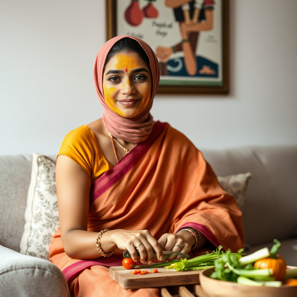 slim, 30 year old, modern indian wife with saree and hijab, turmeric paste on her face. she is sitting on a sofa and cutting vegetables