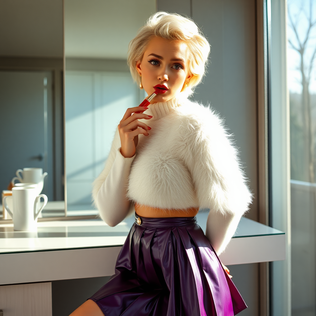 Sunny spring morning, modern glass-steel-concrete dressing room, vanity table with mirror: Nina, 17 years old very convincing femboy, tamed servile docile, very beautiful feminine flawless face, rather short, by hormones very curvaceous womanly figured, platinum blond short tight curls, bold red lips, heavily made-up face, wearing Supertanya-style fluffy very fuzzy bright white angora turtleneck-poncho cropped ending under bust, purple vinyl pleated mini-skirt, bright red pumps with golden very high heels, white pearl belly piercing, gold earrings, hands tied behind back, pout frustrated, looking at mirror applying lipstick. Focus on face and turtleneck-poncho.