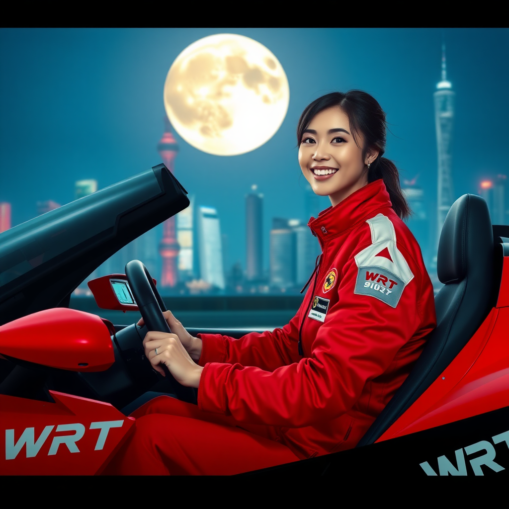 A Chinese beauty racing driver, she is smiling, driving a red racing car with only "WRT" written on its body. The red racing suit also only has "WRT" written on it, with the background featuring the night view of Shanghai and a huge moon.