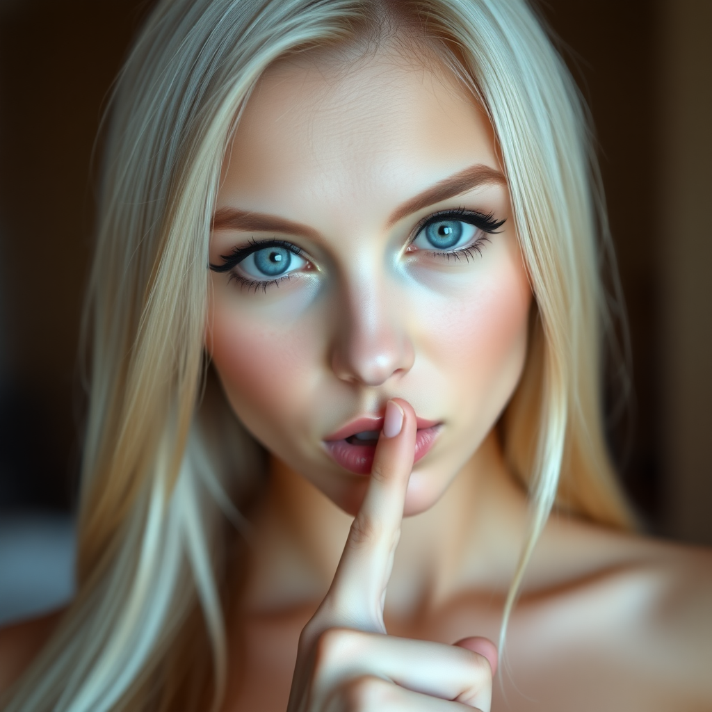 a young woman is holding her finger to her lips, looking at viewer, blue eyes, blonde hair, solo focus, blurry, lips, eyelashes, blurry background, close-up, realistic. bleached blonde, black eyeliner, very large eyes, tanned skin. Very long straight hair. cleavage. quiet sign with her finger over her mouth.