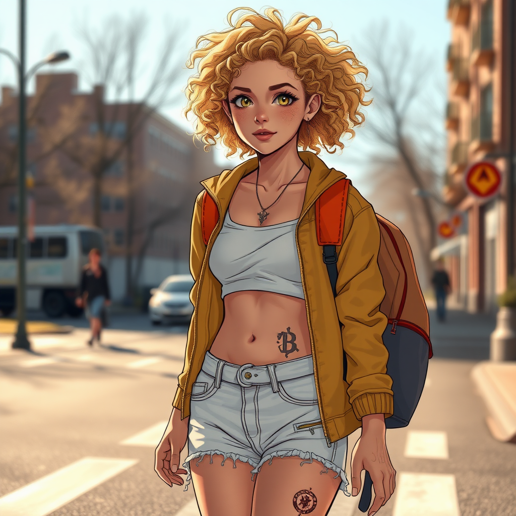 Ultra Realistic taken photo style image, Extremely good quality 8k resolution drawn manga image of a 15 year old petite and short tomboy girl with golden blonde curly hair with mixed and different color eyes and moles on her entire body and is a white American girl, Has on a Gold Jacket over a white extremely short crop top only covering her breasts and nothing more with a design on it, and has on ripped shorts and cool looking sneakers with a deep scar or injury on her stomach with a bright color backpack, ear piercings on, walking on the street to school in the morning with the beautiful sunlight lighting up her body beautifully.