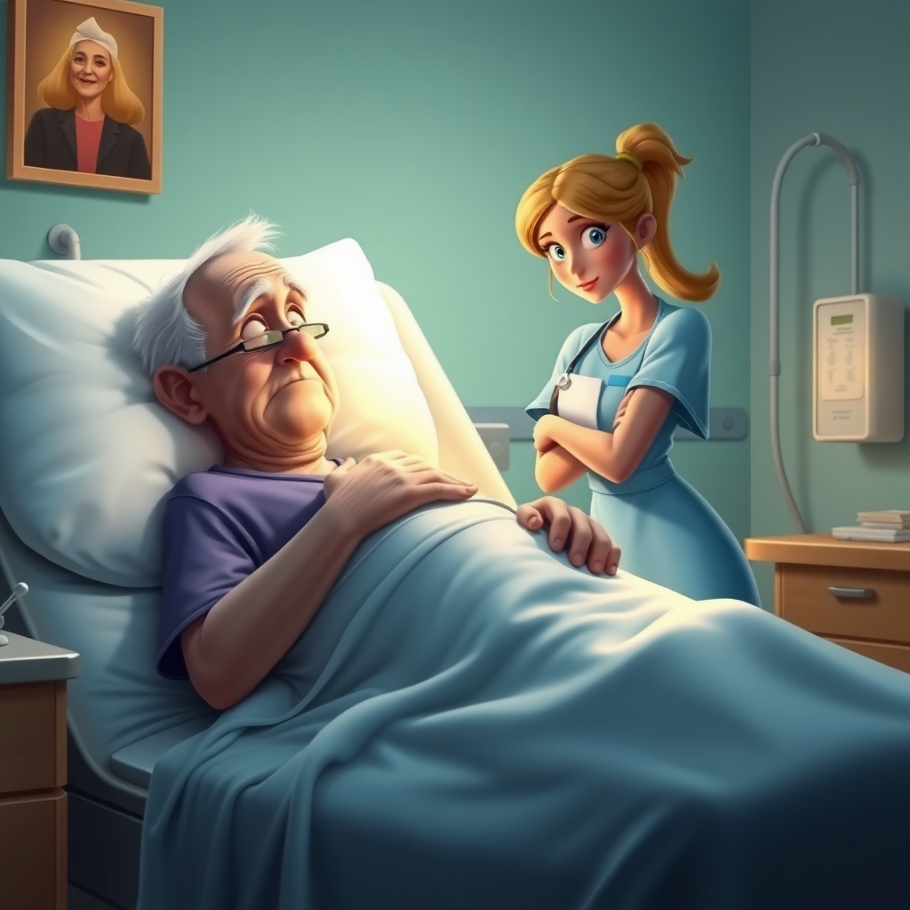 High quality, detailed, Disney 3D style film poster of an old man on a hospital bed with a huge erection under the blanket and a young skinny attractive nurse "impotence"