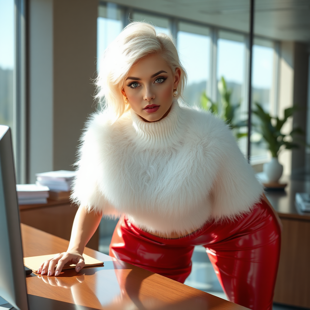 Sunny spring morning, modern glass-steel-concrete office, standing behind desk: Nina, 17 years old very convincing femboy, tamed servile docile, very beautiful feminine flawless face, rather short, by hormones very curvaceous womanly figured, platinum blond short tight curls, French nails, no makeup, wearing Supertanya-style fluffy very fuzzy bright white angora turtleneck-poncho cropped ending under bust, very tight bright red vinyl midi pencil skirt, purple shiny vinyl pumps with golden high heels, white pearl belly piercing, gold earrings, leaning forward hands on desktop presenting her assets, seductively looking at camera. Focus on face and turtleneck-poncho.