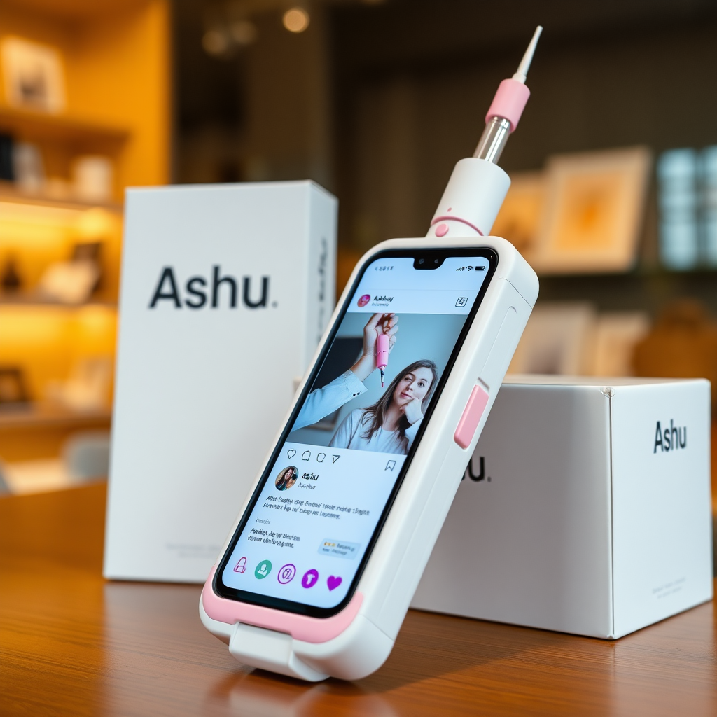 A close-up straight front view of a mobile phone in a shape inspired by a syringe, white pink futuristic, kept for sale leaning to a box with text Ashu and minimal design, in showroom, touchscreen phone with Instagram page open on screen, needle on top, whitepunk.