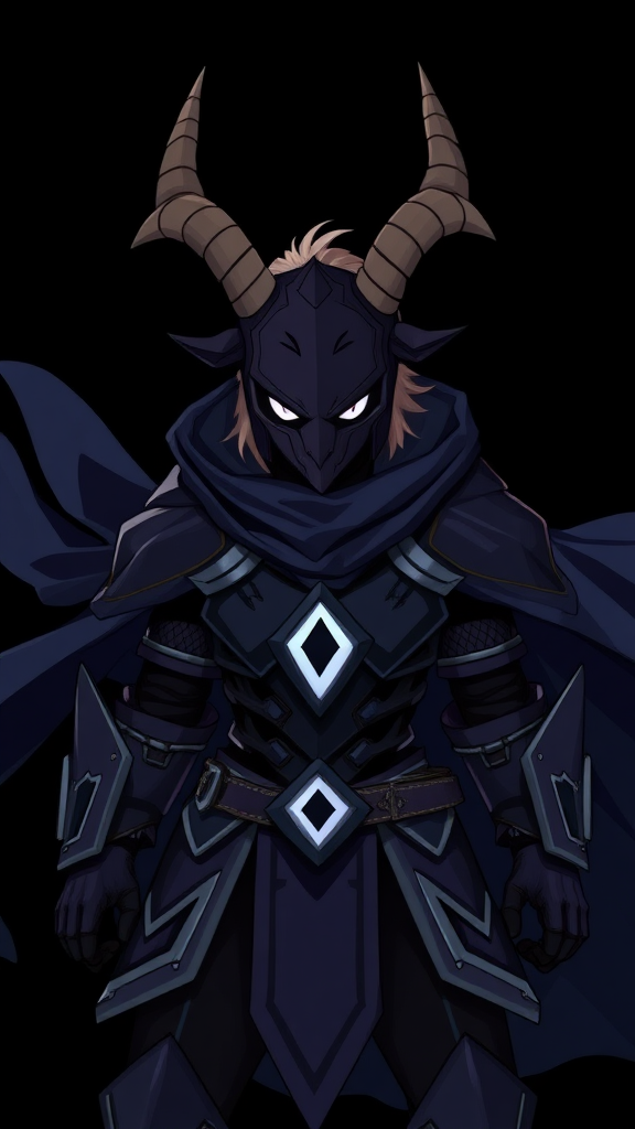 (Anime-pixel style art) Black background, a fierce and violent knight stands poised for battle. She wears sleek, black knight armor, marked by a small white eye symbol at its center, exuding an air of intimidation. Her face is obscured by a terrifying goat-like mask, with a single glowing white eye on the right, and another white eye symbol perched at the top of the mask, adding to her menacing presence.

The knight's imposing silhouette is accentuated by two large, dark-silver shoulder guards that gleam ominously in the darkness. Draped behind her is a flowing dark-blue cape that billows dramatically, hinting at her formidable power. Atop her head, two impressive antlers rise, further enhancing her fearsome appearance, while her short, tousled blonde hair peeks out from beneath the mask.

This is the Roaring Knight, known as Mayor Holiday from Deltarune, captured in a striking full-body view that highlights both her ferocity and enigmatic allure.