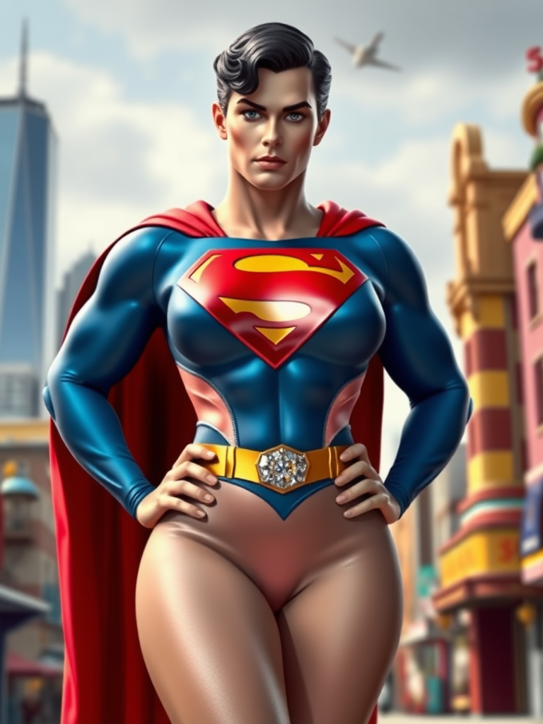 Create a full-length rendered image combining Superman's head, face, hairstyle on Jessica Rabbit's voluptuous body. Adapt Superman's iconic costume to fit the new curvy physique, incorporating glittery accents inspired by Jessica's dress. Adjust cape, boots, emblem for feminine proportions. Blend Metropolis skyline backdrops Toontown's colorful, exaggerated architecture. Maintain Superman's strong jawline, blue eyes, characteristic curl. Pose figure dramatically, showcasing both heroic strength sensual allure. Ensure seamless integration between head body, natural-looking transitions. Illuminate scene dynamic lighting, emphasizing figure's curves muscularity.