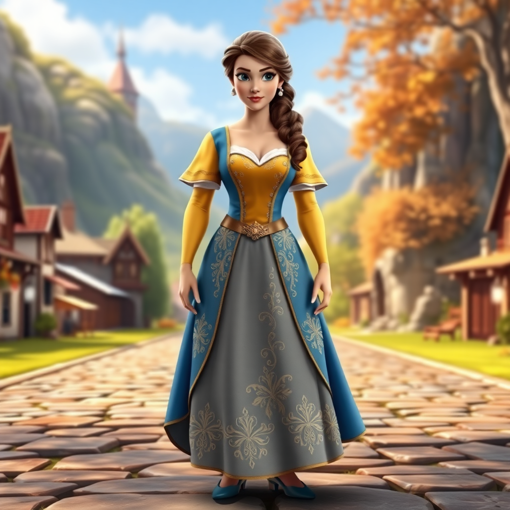 Generate a full-length rendered image featuring Belle using Gaston’s male body. Retain Belle’s head, hairstyle, and facial features. Adapt her costume by incorporating embellishments from Gaston’s attire, adjusting it to fit the new proportions. Design a background inspired by both characters, merging elements from the charming village and the rugged wilderness. Ensure the overall composition showcases a seamless blend of femininity and masculinity, while reflecting the essence of the original characters.