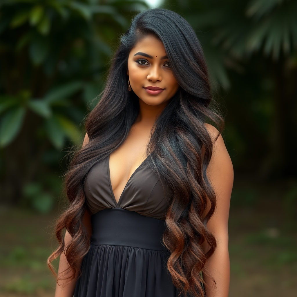 Pretty woman of Sinhalese ethnicity in her mid 20s with very long volumnized layered hair and huge breasts in a dress, full length