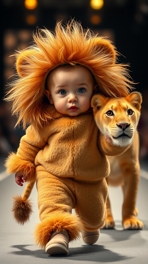 A cute small chubby fair baby with big eyes, pink lips, and pink cheeks, wearing a furry cozy lion costume, is doing a ramp walk in a fashion show, walking with a real lion, holding the lion with one hand, cinematic.