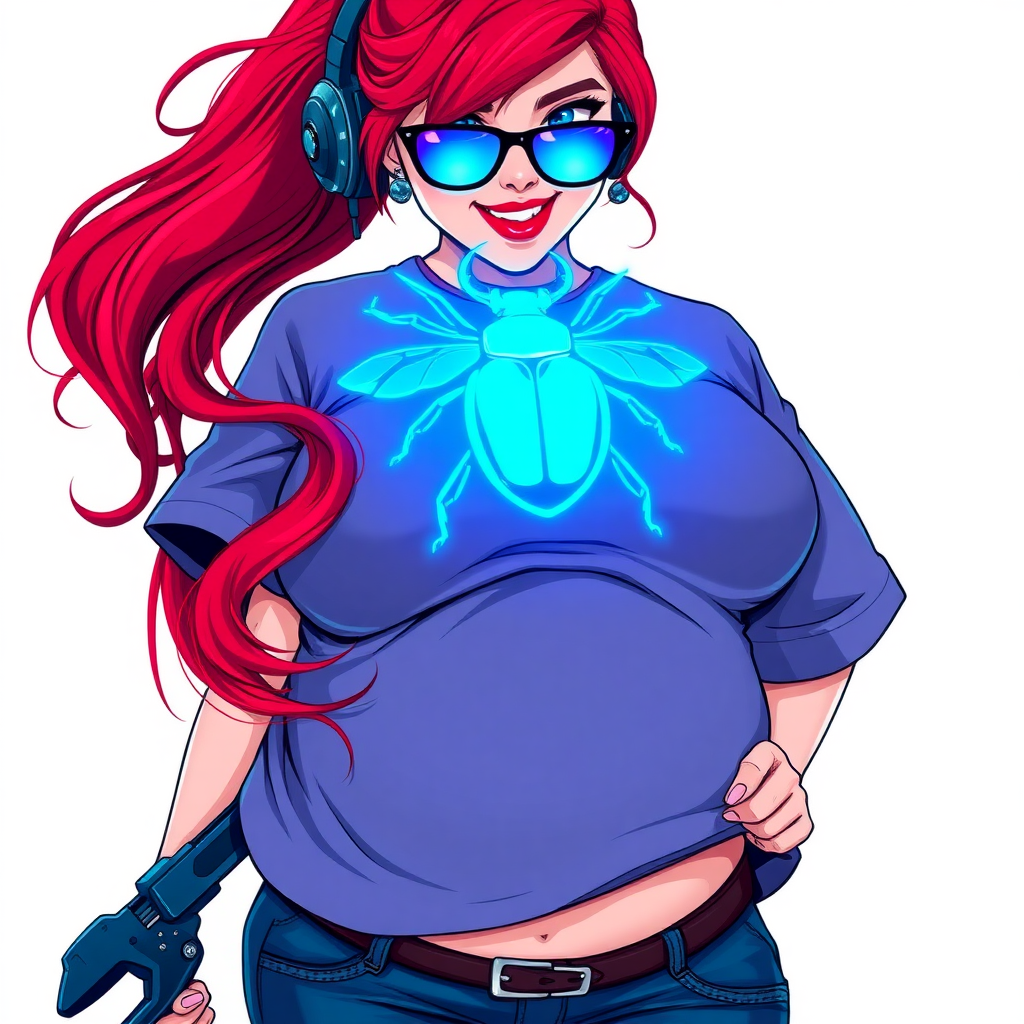 A cyberpunk vigilante’s full-figured intelligent and tech-savvy 29-year-old girlfriend, who is a computer hacker and tech genius. She has a long ruby red ponytail and bright blue eyes. She wears a sapphire beetle gemstone necklace, and an oversized Maximum Blue (RGB 71, 171, 204) t-shirt featuring a giant neon blue glowing icon of a winged beetle on its chest. She has a full-figured physique with a prominent, gargantuan, round midsection, reflecting her well-cared-for lifestyle. The midsection is heavily emphasized. She sports a sapphire headset with hi-tech Maximum Blue (RGB 71, 171, 204) lensed HUD visor, Maximum Blue (RGB 71, 171, 204) lipstick, black eyeglasses, and a beaming smile with a passionate bright red blush. Despite her figure and a lack of self-esteem, she radiates an air of beauty. She has an angular face which contributes to her radiant beauty. She serves as his tech expert from his hideout, holding a holographic tablet and a hi-tech tool wrench. The background is solid white. She is drawn as if she was in a retro 2D cyberpunk fighting game. Make sure her shirt covers her round midsection.