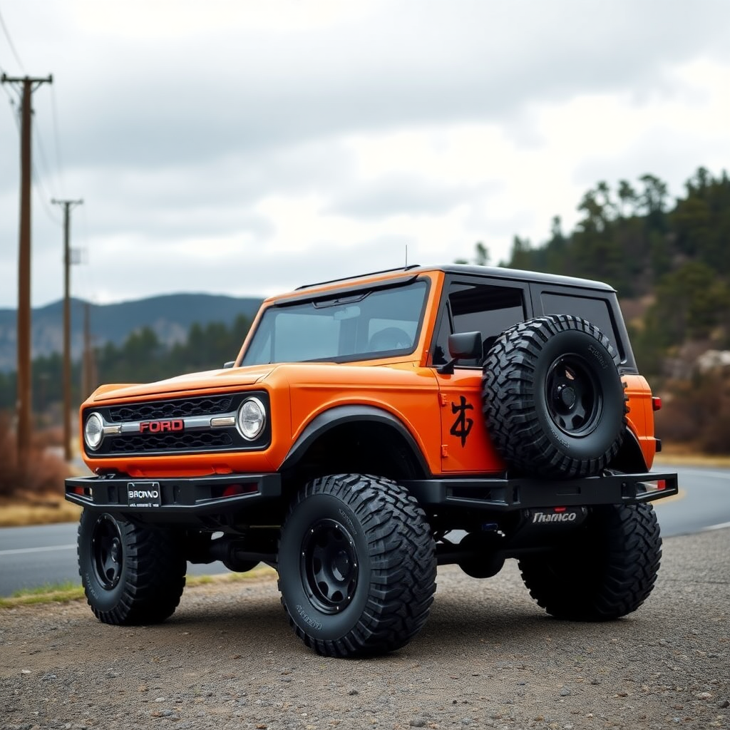 Concept Ford Bronco the 4x4 car is parked on the side of the road, inspired by Taiyō Matsumoto, tumblr, restomod, nd4, c4.