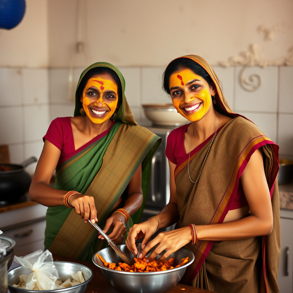 2 skinny, happy, traditional, 30-year-old Indian maids. They are preparing food in the kitchen. Their faces are covered with a turmeric face mask.