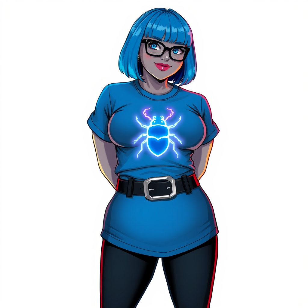 A 28-year-old, full-figured, metallic middle gray skinned computer program hybrid with a maximum blue bob cut. She has a non-athletic build, highlighted by a prominent, round, large midsection (with emphasis on her belly). As a digital sidekick, computer hacker, and nerdy girlfriend to her cyberpunk vigilante boyfriend, her middle gray metallic skin and maximum blue lipstick emphasize her digital nature. She wears a costume consisting of a tight-fitting, maximum blue t-shirt (accentuating her large belly) with a neon blue glowing chest icon of a beetle, black pants, a black belt with a sapphire scarab buckle, and black gloves. Her bright blue eyes, black eyeglasses, and lovestruck smile with neon red blush accentuate her nerdiness. She stands bashfully with her hands behind her back, her t-shirt covering her midsection (especially her large belly) and emphasizing her full-figured, non-athletic physique. She is on a solid white background. She is drawn as if she was in a retro 2D cyberpunk fighting game. She is clearly non-athletic, with emphasis on her full-figured physique. Ensure her t-shirt covers her midsection (especially her large belly).