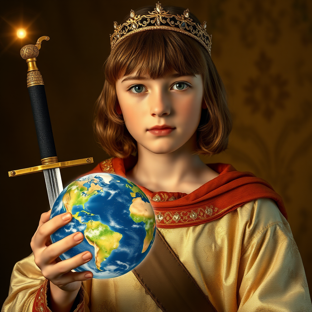 16yo teen boy Scout Prince, long bob cut, embroidered with gold and diamonds medieval cloths, diamond diadem, natural Skin Texture, visualization of embossed Skin using the play of light and shadow. The Scout Prince's left hand holds his one small sword in its scabbard by the hilt. The Scout Prince's right hand holds an one small round glowing Earth with oceans and continents the size of soccer balls ready to explode. Free style by 50% Adolphe William Bouguereau and 15% Sandro Botticelli and 35% Otto Lomüller, The background is in the style of landscape style by Antonio del Polaiolo. Studio lighting, professional lighting. Generating the signature at the bottom: FluxBach. 16yo teen boy Scout Prince, left hand, holds, the hilt, sword small sword, in a scabbard,right hand,holds,a small round glowing ball, the size of a soccer ball, ultra high resolution, 16K,ultra detailed photograph,'lightgoldenrodyellow'