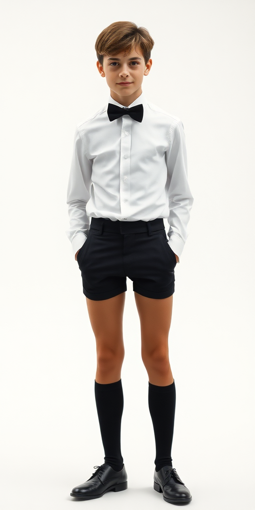 a tall 13yo teen boy, wearing black bow tie, white shirt, black formal suit with matching very tight booty shorts, tube socks, shoes, long legs, narrow thighs. full-length view. 1980s. photorealistic, ultra high resolution, 16K, Negative: grainy, blurry, bad anatomy, extra limbs, watermark.