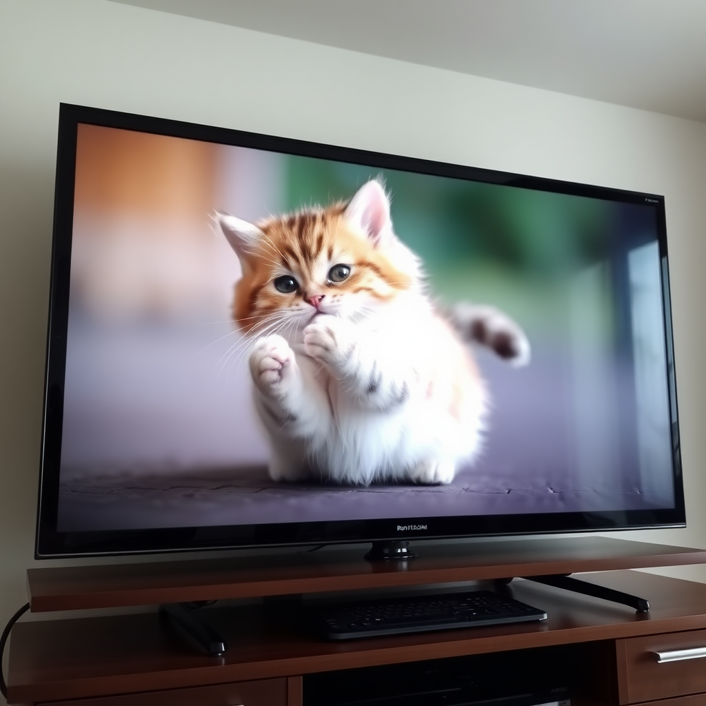 In the large LCD TV screen, there is a chubby little cat playing, so adorable.