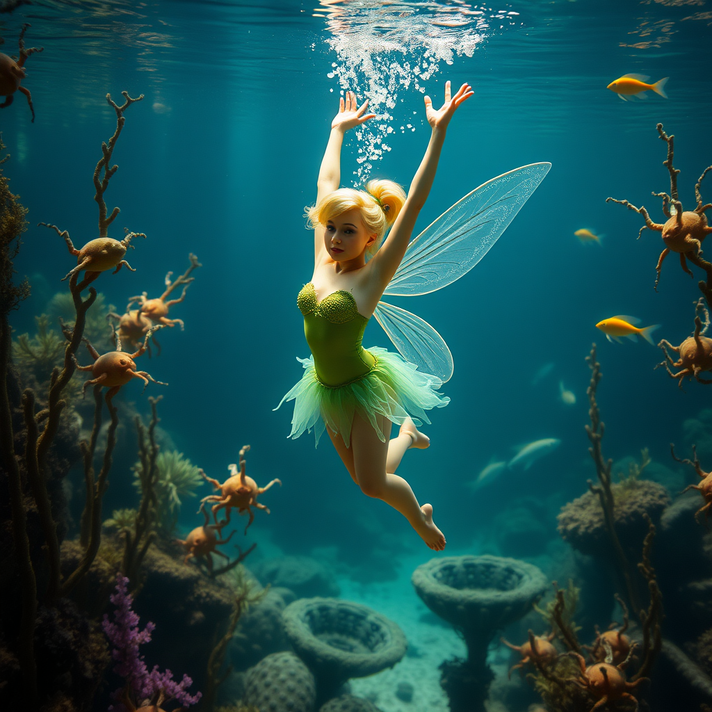 Tinkerbell as a burlesque dancer she's floating underwater surrounded by sea creatures and plant life. Her graceful arms float above her head. In the photographic style of Richard Fegley on DSLR