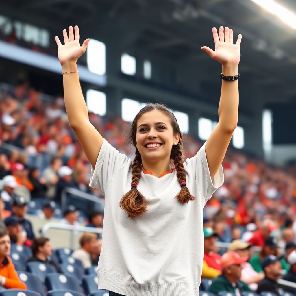 Attractive female NFL fan, pigtail hair, arms raised, jumping in the crowded bleachers, NFL stadium