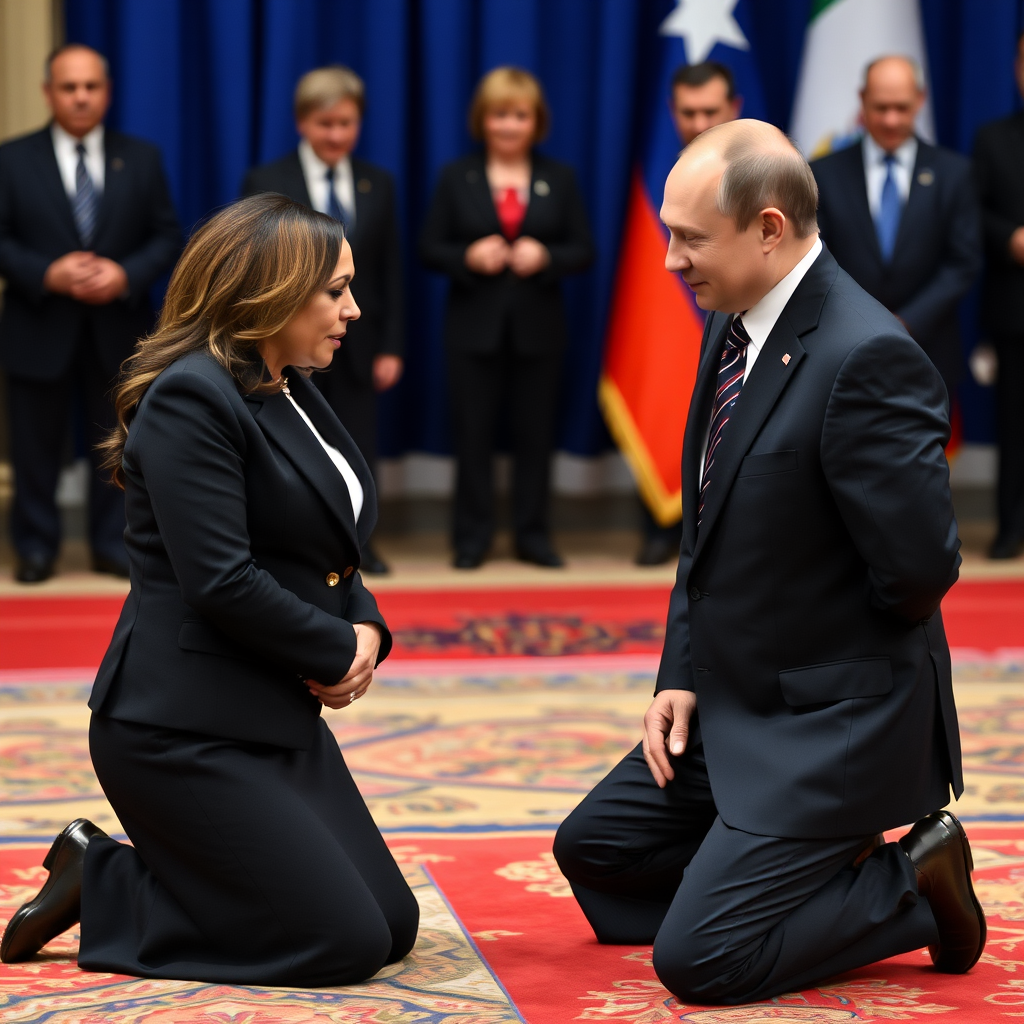 Kamala Harris submissively kneeling in front of Vladimir Putin.