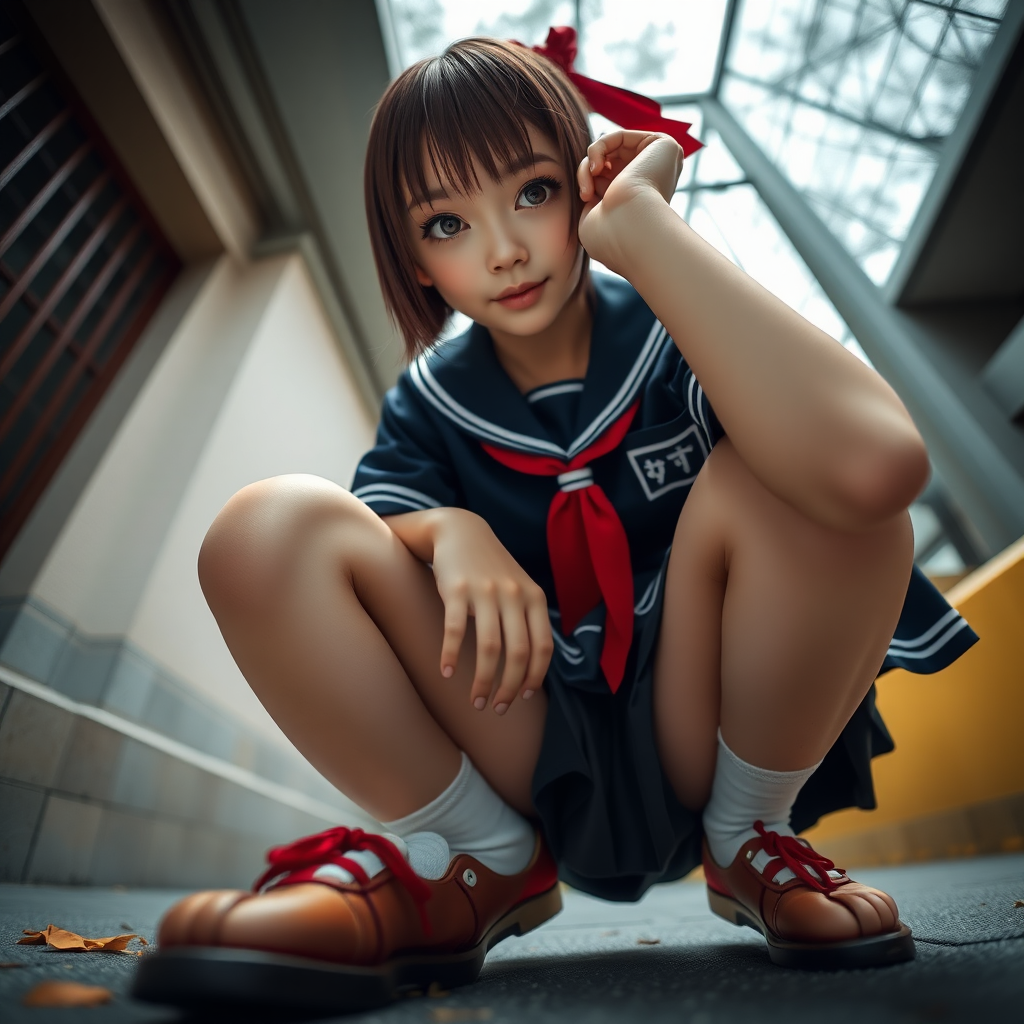 photo hyperrealistic low angle POV full body view beautiful Japanese teen squatting wearing seifuku uniform looking down at viewer