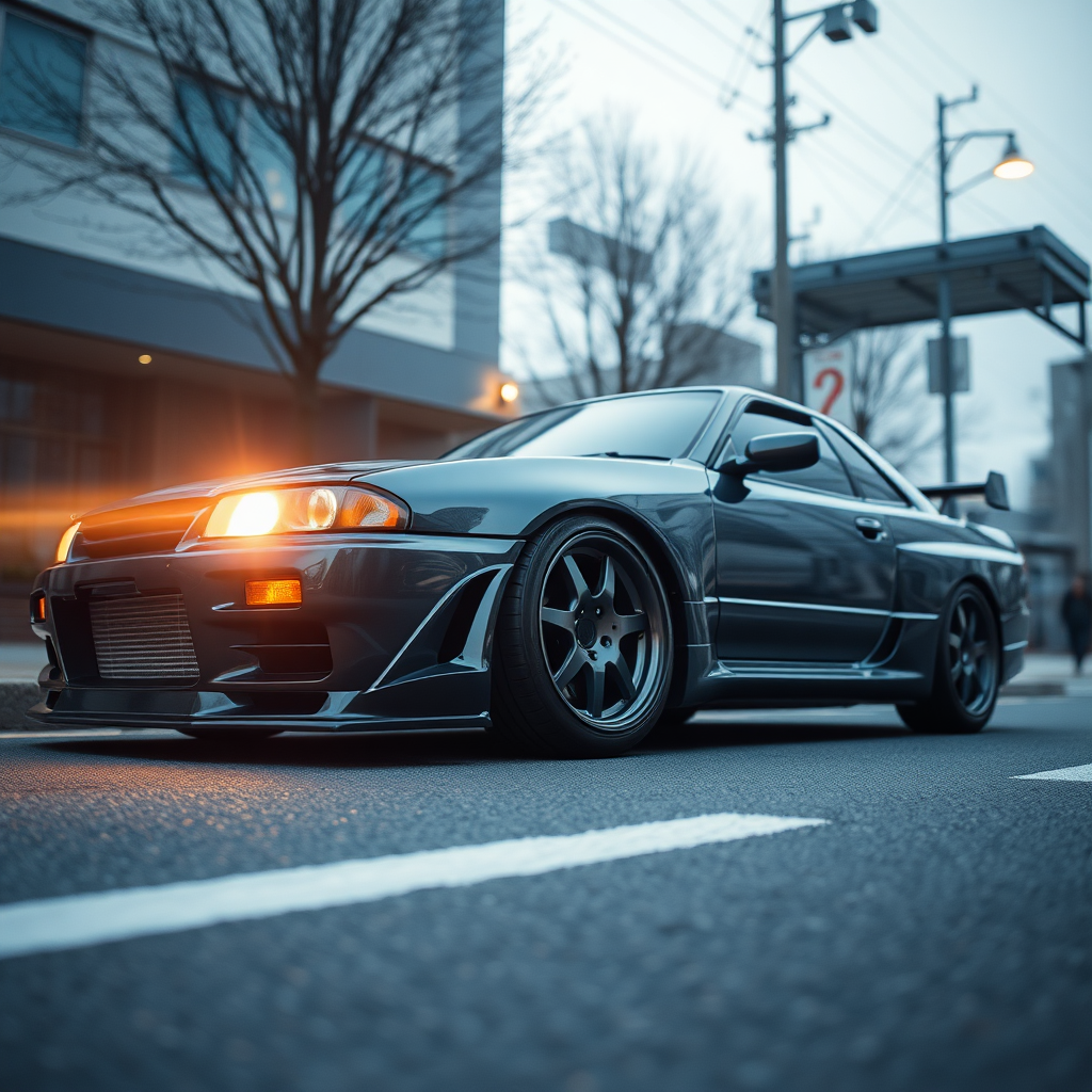 the car is parked on the side of the road, inspired by Taiyō Matsumoto, tumblr, restomod, nd4, c4 metallic shine nissan skyline r34