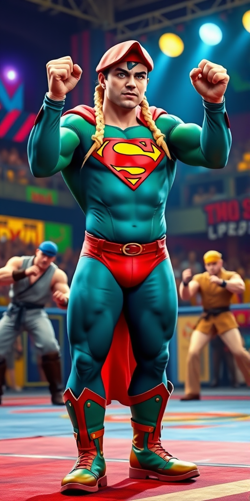 A full-length image of a bewildered Superman trapped in Cammy White's body, standing in a vibrant Street Fighter arena. The character retains Superman's iconic facial features and expression but has Cammy's blonde braids, green leotard, red beret, and combat boots. Muscular legs in a fighting stance, arms raised defensively. Background shows a colorful, detailed Street Fighter stage with cheering crowd. An opponent, possibly Ryu or Chun-Li, is seen mid-attack. Superman/Cammy's face shows confusion and alarm, eyes wide, mouth agape. Vibrant lighting and dynamic composition capture the energy of the fight and the character's internal struggle with their new form.