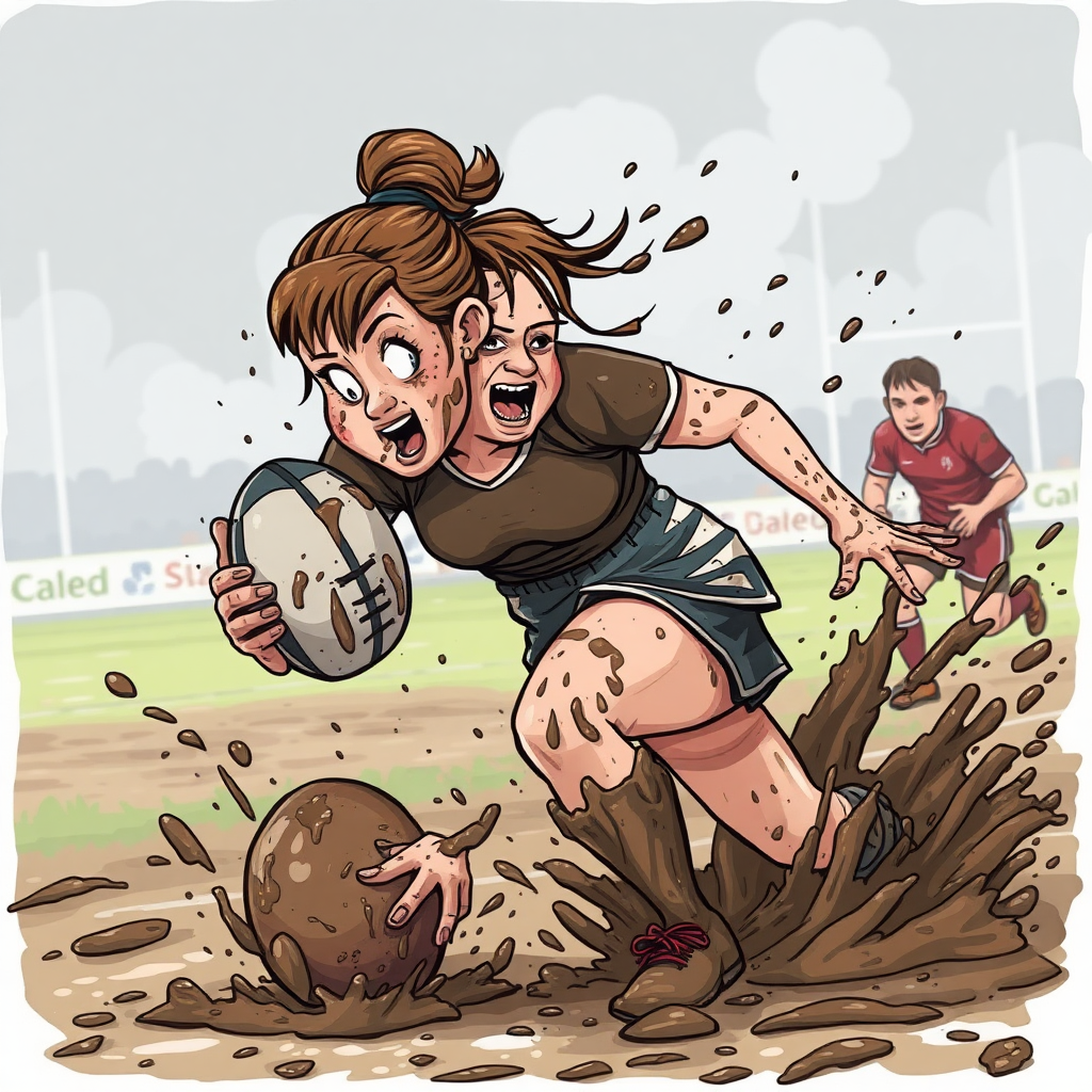 cartoon of very muddy woman rugby player, splattered and smeared head to toe with thick gooey mud, on a muddy rugby pitch