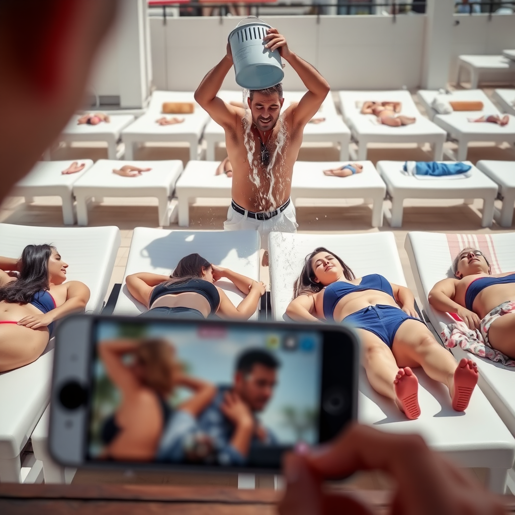 A group of women lying on sunbeds, tanning, a man spilling a bucket of water on them, view from a table, phone picture.