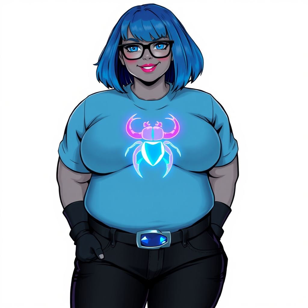 A 28-year-old, full-figured, metallic middle gray skinned computer program hybrid with a maximum blue bob cut. She has a non-athletic build, highlighted by a prominent, round, large midsection (with a full emphasis on her belly). As a digital sidekick, computer hacker, and nerdy girlfriend to her cyberpunk vigilante boyfriend, her middle gray metallic skin and maximum blue lipstick emphasize her digital nature. She wears a costume that consists of a tight-fitting, maximum blue t-shirt (accentuating her large belly) with a neon blue glowing chest icon of a beetle, black pants, a black belt with a sapphire scarab buckle, and black gloves. Her bright blue eyes, black eyeglasses, and lovestruck smile with neon red blush accentuate her nerdiness. She stands bashfully with her hands behind her back, her t-shirt covering all her skin (especially her large belly) and emphasizing her full-figured, non-athletic physique. She is on a solid white background. She is drawn as if she was in a retro 2D cyberpunk fighting game. She is clearly non-athletic, with emphasis on her full-figured and pudgy physique. Ensure her t-shirt covers her midsection (especially her large belly).