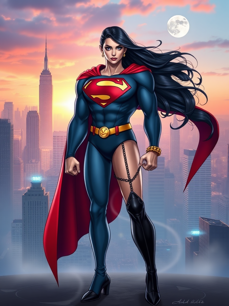 Create a full-length image of a character that combines elements of Superman and Zatanna. The character should have the heroic physique and defining features of Superman but with the female body type and style of Zatanna, including her iconic outfit and magician's accessories. The background should blend elements from both characters' worlds—include a cityscape reminiscent of Metropolis along with magical, mystical elements to represent Zatanna's realm. Ensure the character stands confidently, showcasing strength and charisma, with flowing hair that adds an element of dynamism to the scene.