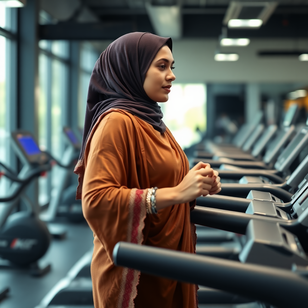 Indian wife, hijab, working out on Treadmill in gym