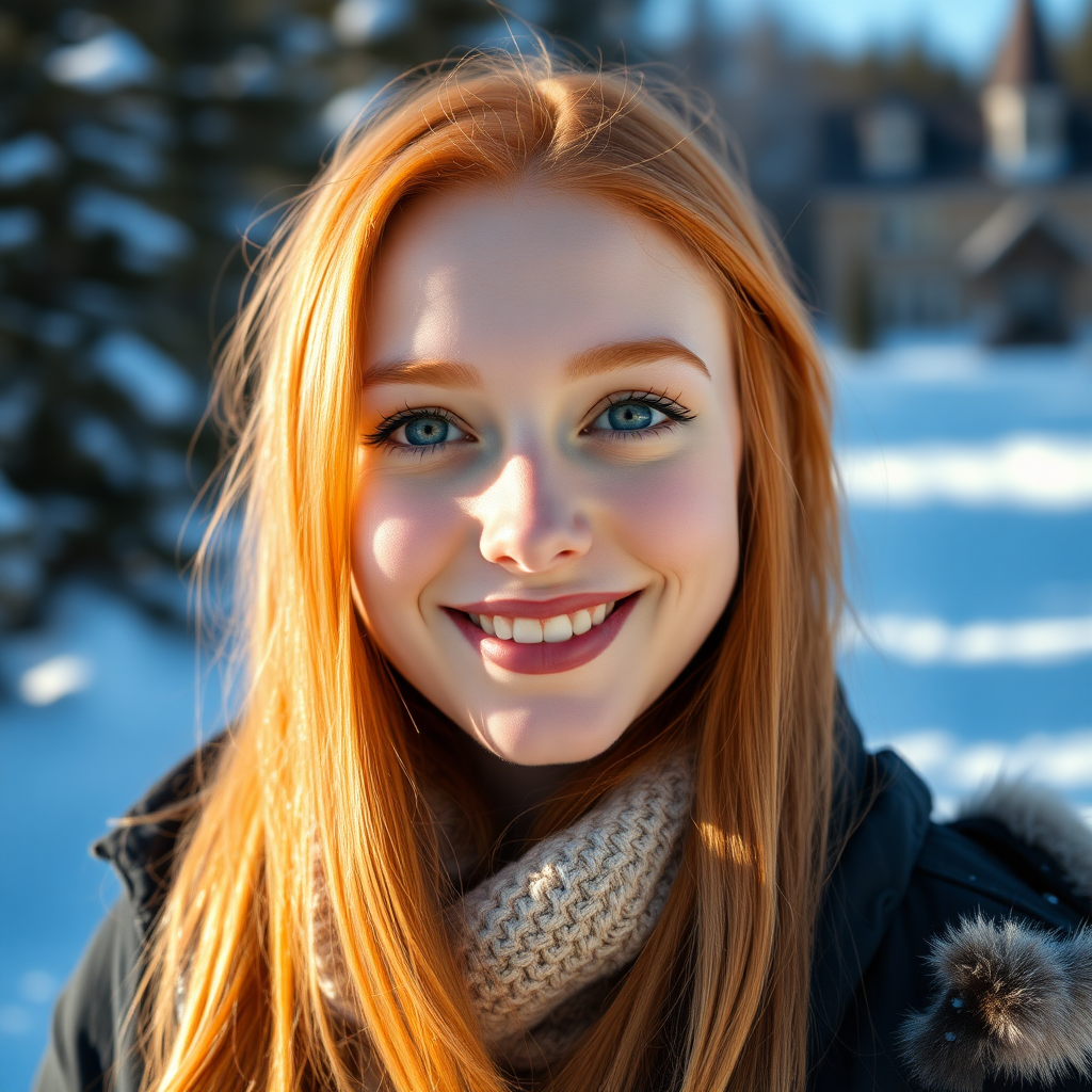 beautiful happy young woman with ginger cherry blonde long hair, full lips, perfect eyebrows, pale skin, on Alaska during winter in Anchorage on sunny snow day