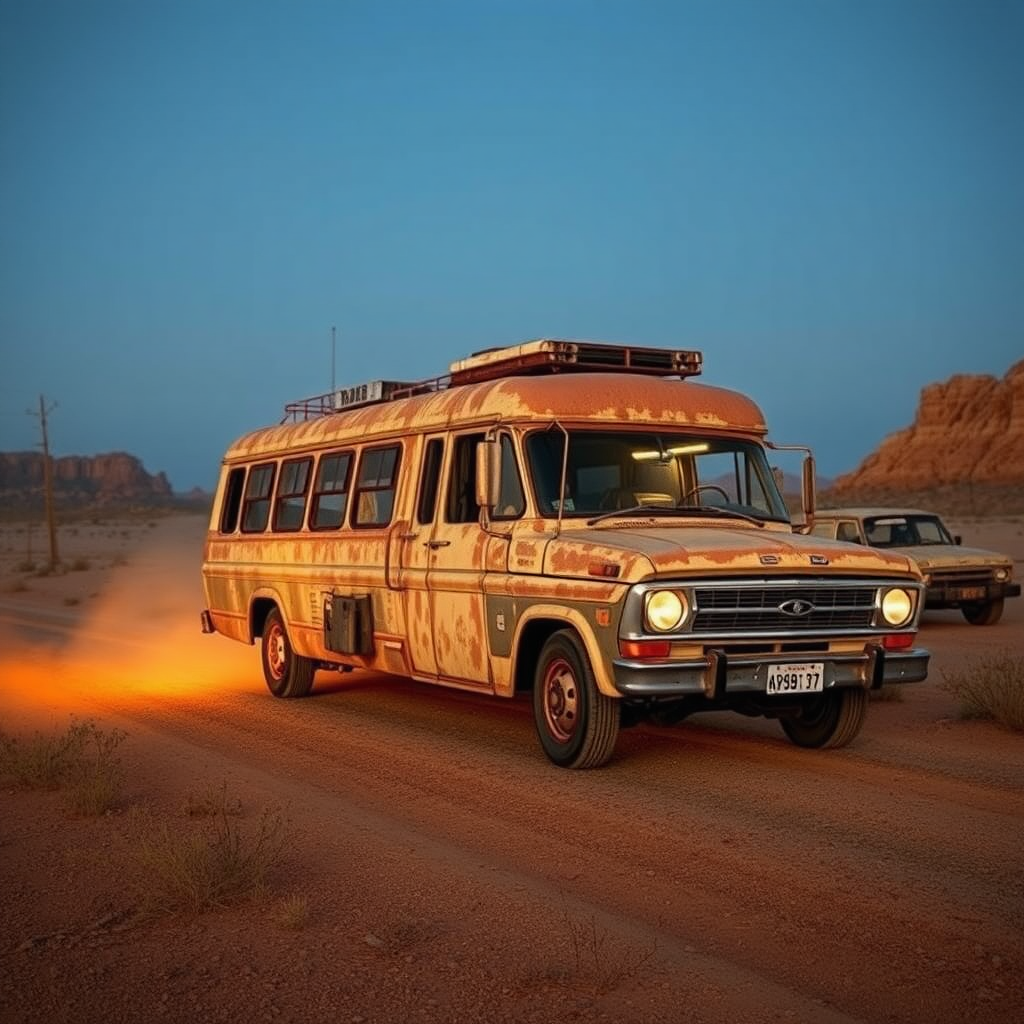 Ford Falcon Mad Max post Indian apocalyptic night dust rusty the bus is parked on the side of the road, inspired by Taiyō Matsumoto, tumblr, restomod, nd4, c4