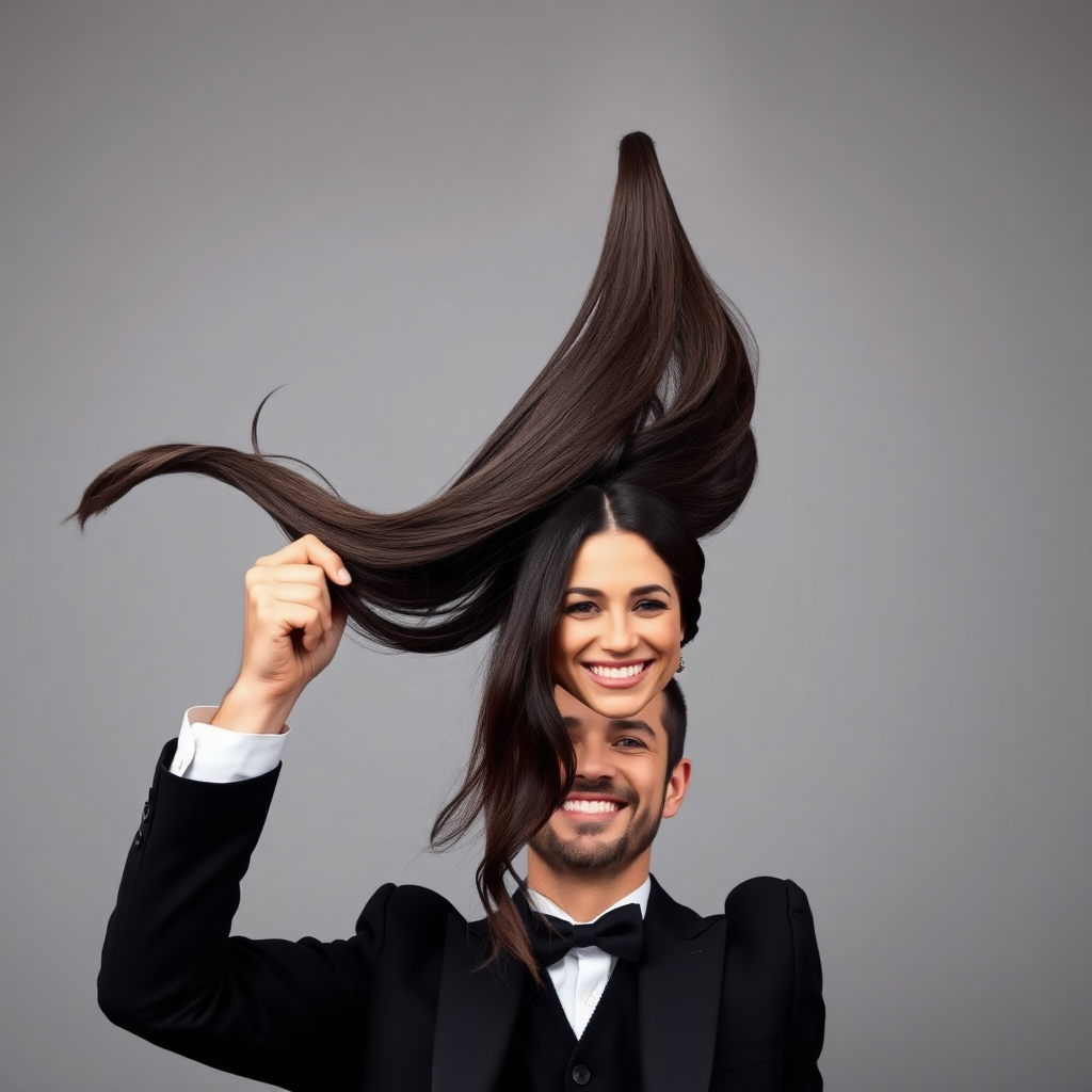 A surreal image of a smiling male magician holding up the disembodied head of a very long haired Meghan Markle. He is grabbing her very long hair and pulling it up high in the air, while her head is hanging by her hair from his grasp to display it to the camera. Plain gray background.