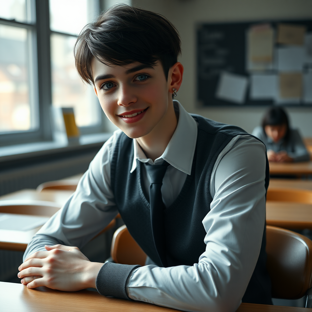 photorealistic, ultra high resolution, 16K, surreal fantasy, soft studio lighting, a pretty 16 year old goth male, slim male physique, short dark hair, blue eyes, goth makeup, earrings, sheer pantyhose, UK girls-school uniform, Mary-Jane shoes, sitting in the classroom, excited smile, facing the camera.