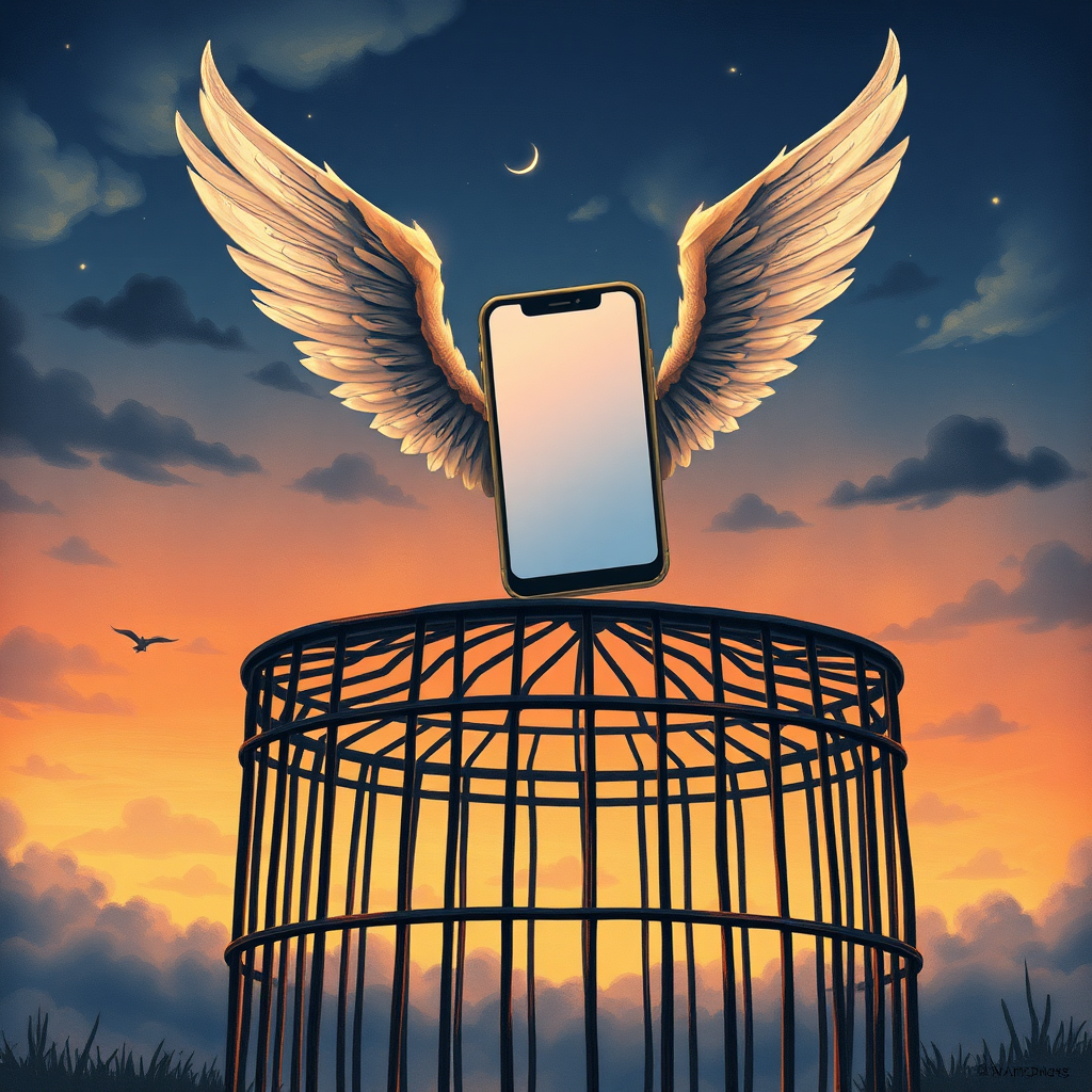 An iPhone with wings flying above a cage and into a twilight sky, in the style of a professional children's illustration, lots of detail