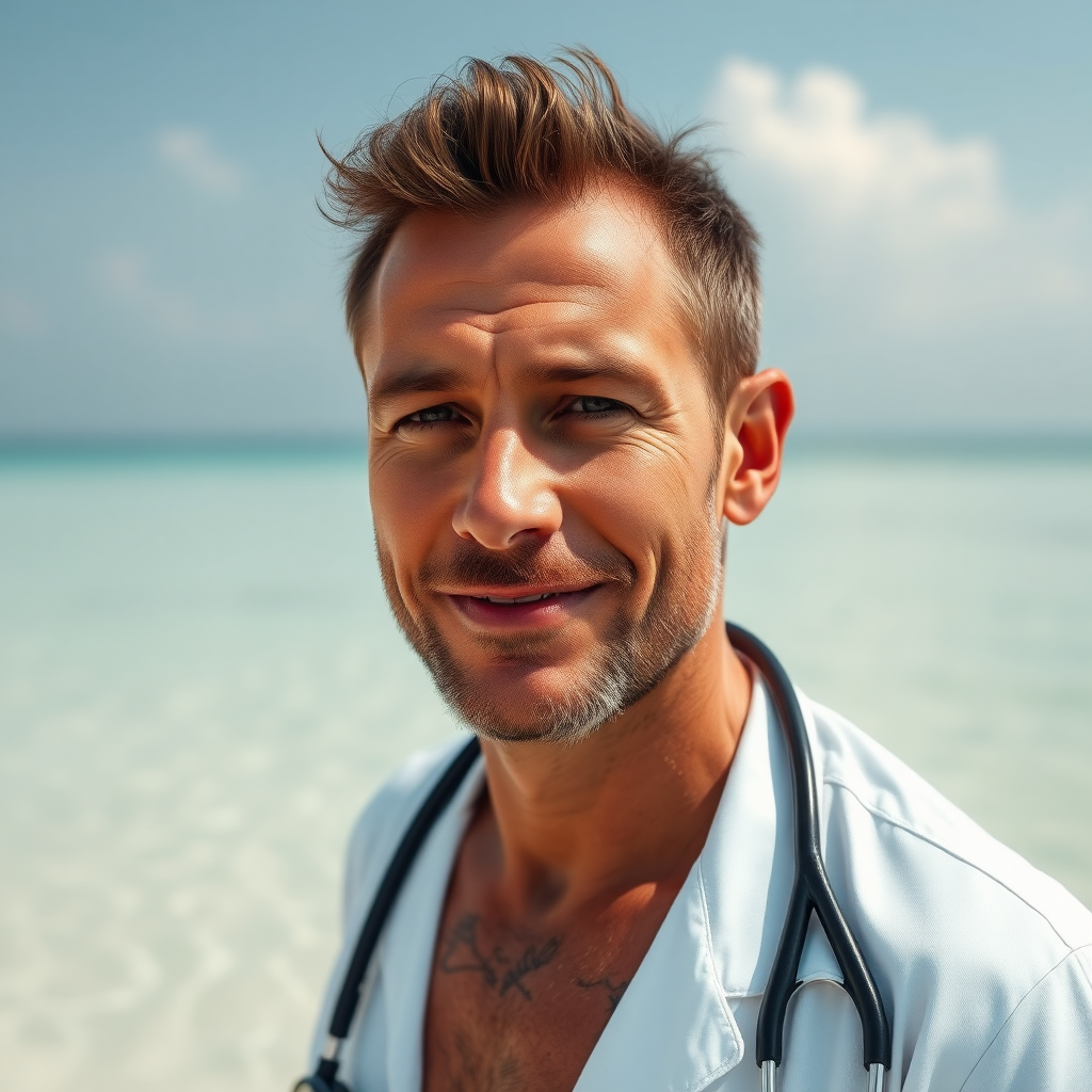 a 57yo handsome swiss doctor,with a perfect body,stunning six pack, on a Maldive beach